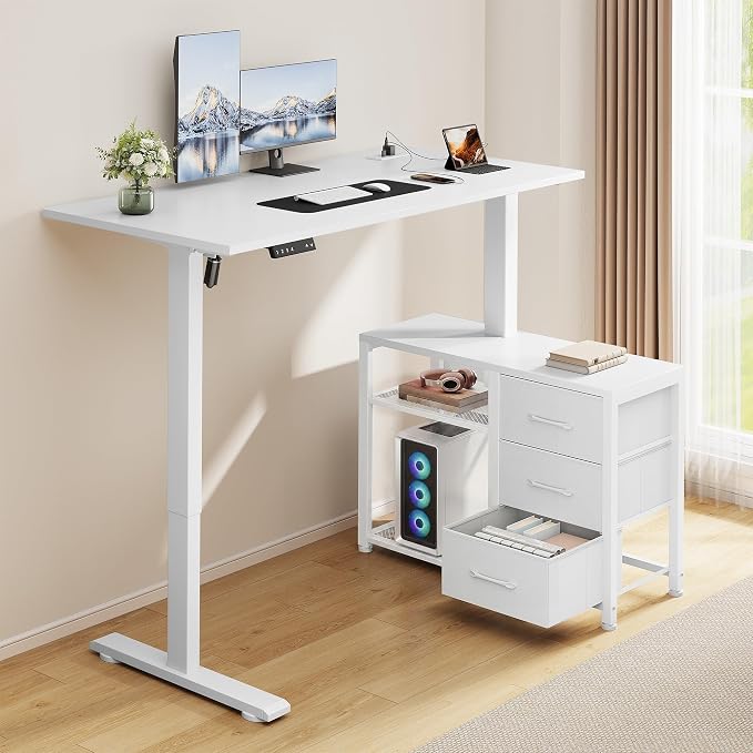 47 Inch L Shaped Desk with 3 Drawers Electric Standing Desks White | with Storage Computer Table Adjustable Height with Power Outlets 4 Memory Presets for Home Office, White by Homiflex