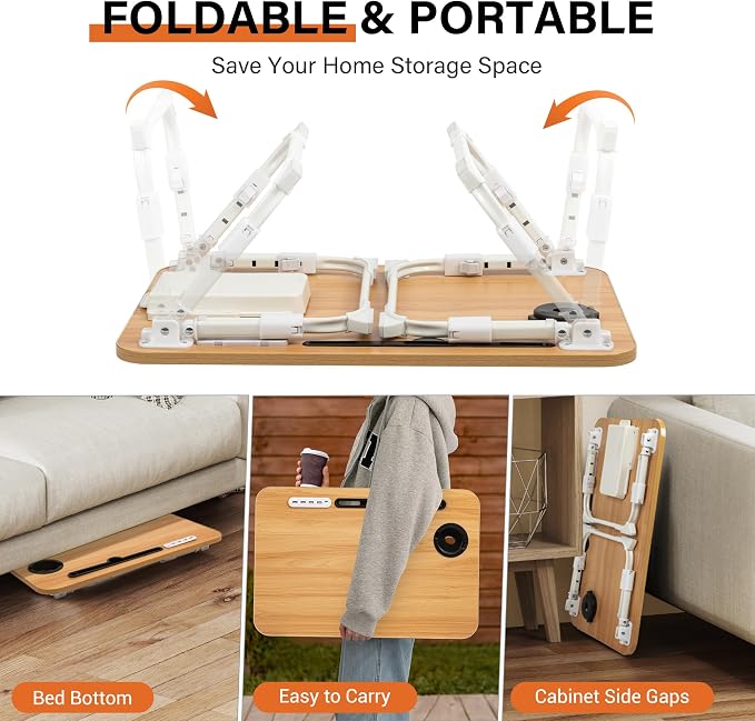 Lap Desk for Bed Adjustable Height with USB Port 23.6" x15.7" Desktop | Storage Drawer, Bookshelf, Fits 17" Laptop, For couch WFH Study, Foldable Non-Slip No Assembly Sturdy Lightweight Wood - Image 7