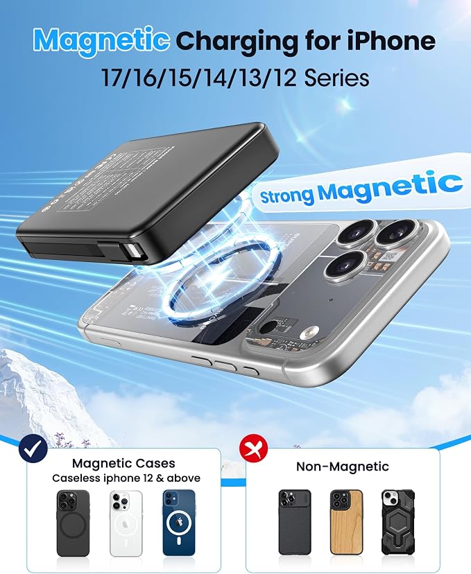 Magnetic Portable Charger, Power Bank Fast Charging 22.5W 10000mAh, Portable Charger with Built in Cable, for Magsafe Battery Pack Compatible with iPhone 17/16/15/14/13/12 Pro/Pro Max, Samsung Black - Image 2