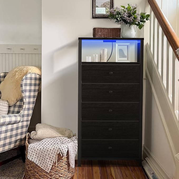 BOLUO Black Dresser with 5 Drawers Tall Nightstand with Charging Station and LED Light, Bedside Table Room Storage Drawers Closet - Image 5