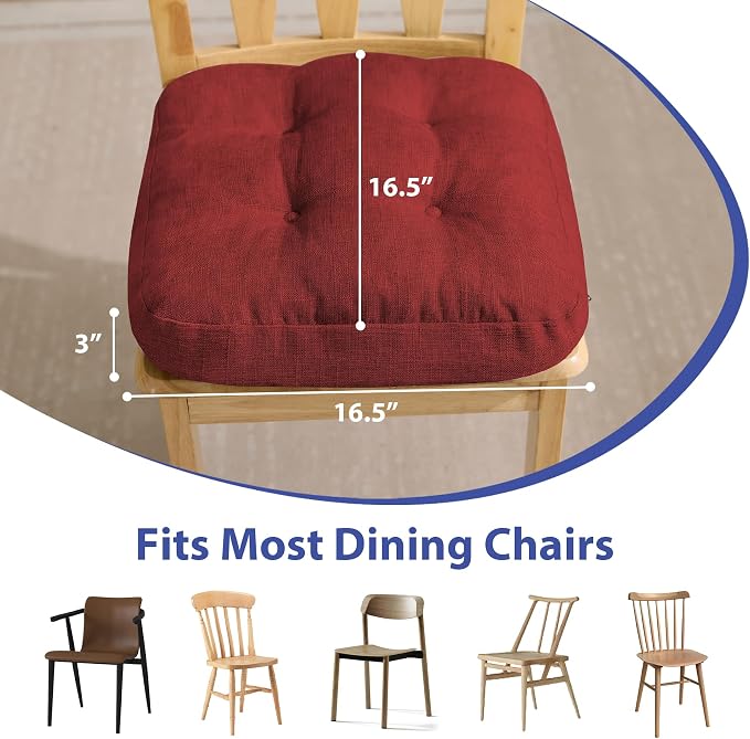 IASEAHK Chair Cushions for Dining Chairs, Dining Chair Cushions, Tufted Indoor Chair Pads with Ties & Non Slip Backing, Seat Cushions for Kitchen Chairs 16.5” x 16.5” x 3.5”, Set of 6, Red - Image 3