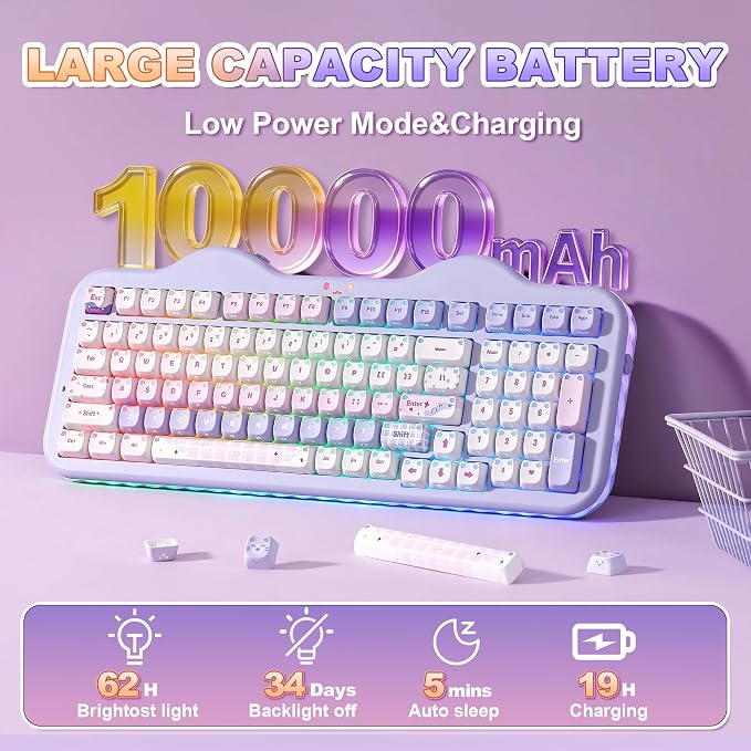 YUNZII C98 Cute Wireless Mechanical Keyboard(Purple Mao, Candy Switch) | Cake Keyboard,99 Keys with Number Pad, MAO Keycaps, BT5.0/2.4G/USB-C,Hot Swap, Gasket Mount, Custom RGB Backlight for Win/Mac - Image 5