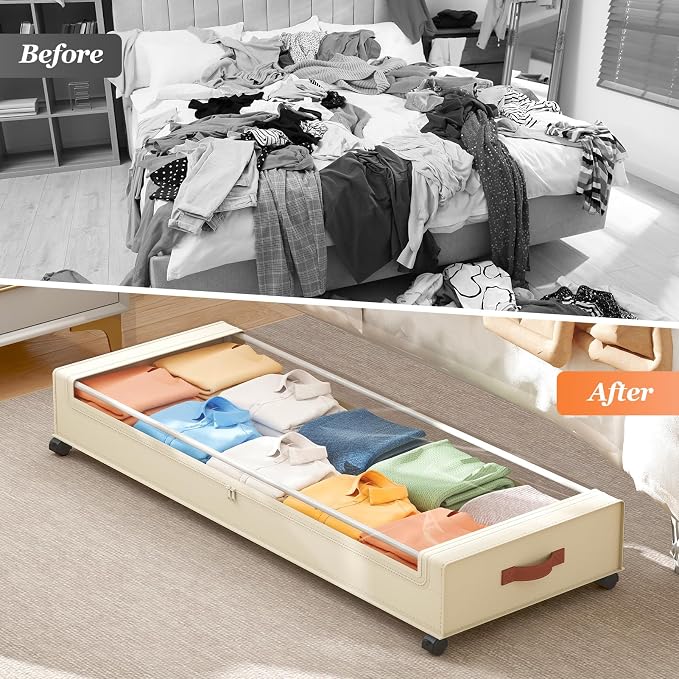 Yecaye Under Bed Storage with Wheels 2 Pack, 85 L Extra Large Under Bed Storage Containers with Metal Frame & Clear Lid, Rolling Underbed Organizer Bins Drawers for Clothes, Shoes, Blankets, Beige - Image 8