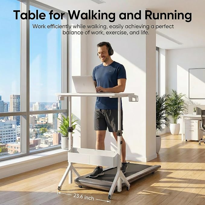 HUANUO Mobile Standing Desk with Wheels and Storage Basket, Height Adjustable 28.7"-46.1" Rolling Desk for Walking Pad, Small Space Laptop Computer Workstation for Home Office,White - Image 4