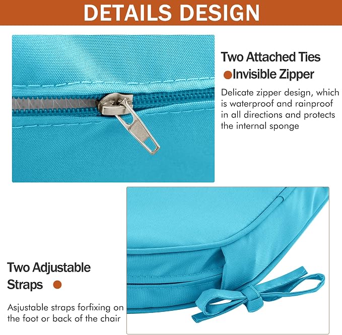 Outdoor Chair Cushions Set of 4, 17 x 16 Inch Waterproof Seat Pads | 3 Year Color Fastness Thick Patio Chair Cushion with Ties for Garden Lawn Sofa Couch, Teal - Image 9