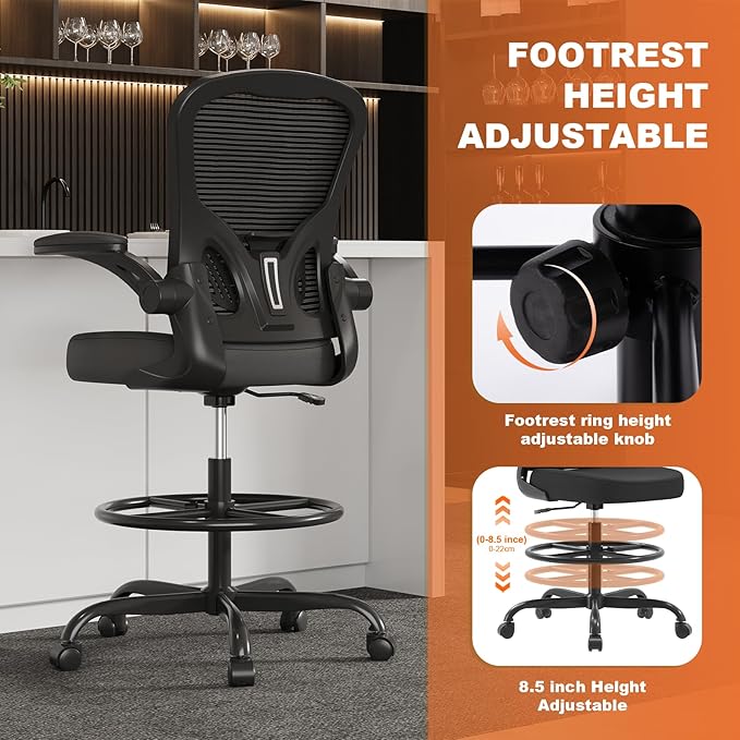 Ergonomic Tall Drafting Chair-Mesh Desk Chair with Flip-Up Arms | Adjustable Height,Lumbar Support,Adjustable Footrest Ring,Standing Desk,Breathable Backrest - Image 7