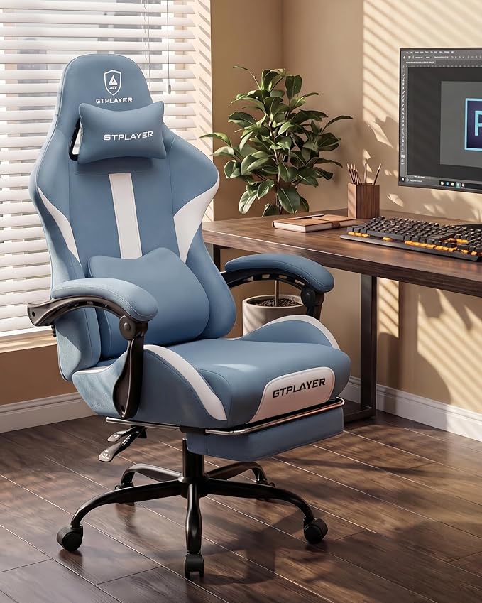 GTPLAYER Gaming Chair with Foot Rest & Pocket Spring Cushion, Ergonomic High Back Computer Desk Chair with Headrest & Lumbar Support for Back Pain Relief, Breathable Fabric, Blue - Image 3