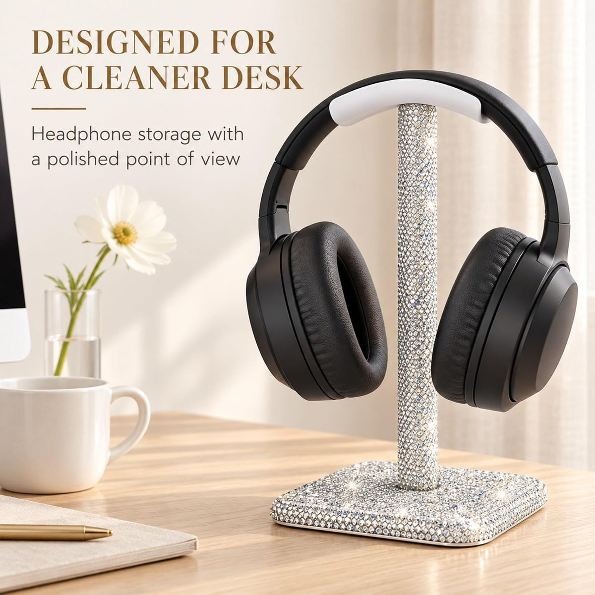 Headphone Stand for Desk, Silver Rhinestone Crystal Headset Holder - Image 5
