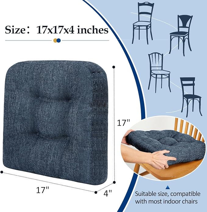 downluxe Chair Cushions for Dining Chairs 4 Pack, Tufted Indoor Chair Pads with Non-Slip Bottom, U-Shaped Kitchen Chair Cushions, 17"x17"x4", Navy - Image 4