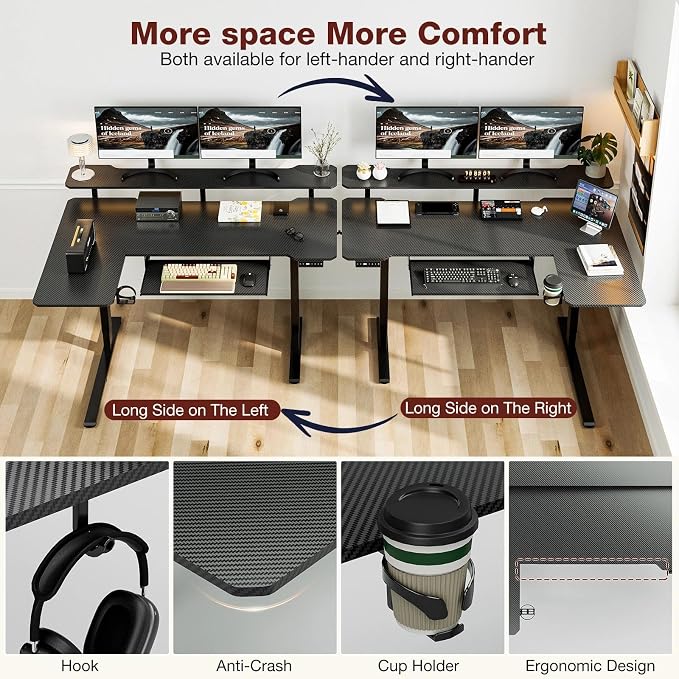 59 Inch L Shaped Standing Desk with Shelves and Keyboard, Electric Corner Standing Desk Adjustable Height, Sit Stand Computer Table with Reversiable Splice Board，Black Carbon - Image 7