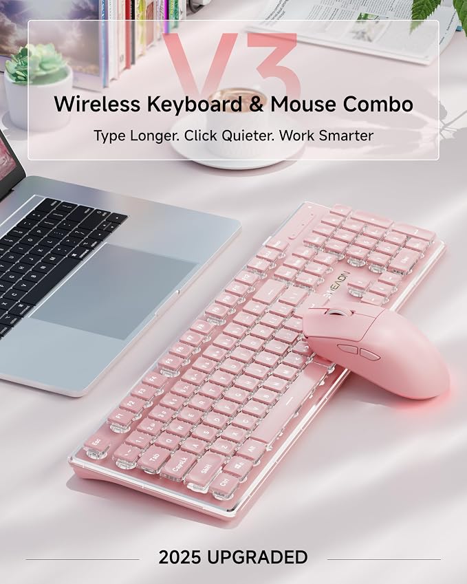 V3 Wireless Keyboard and Mouse Combo, Bluetooth/2.4G Rechargeable Light up Quiet Computer Wireless Keyboard and Mouse with White Backlit, Metal Panel-Pink - Image 8