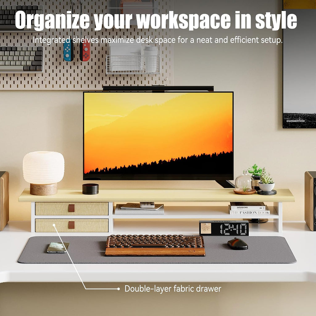 Dual‑Tier Monitor Stand Riser with Drawers, Desktop Organizer Shelf Storage for Computer Screen 2 Monitors, Supports for PC Computer Monitor, Printer, Heavy TV Riser Beige and White - Image 3