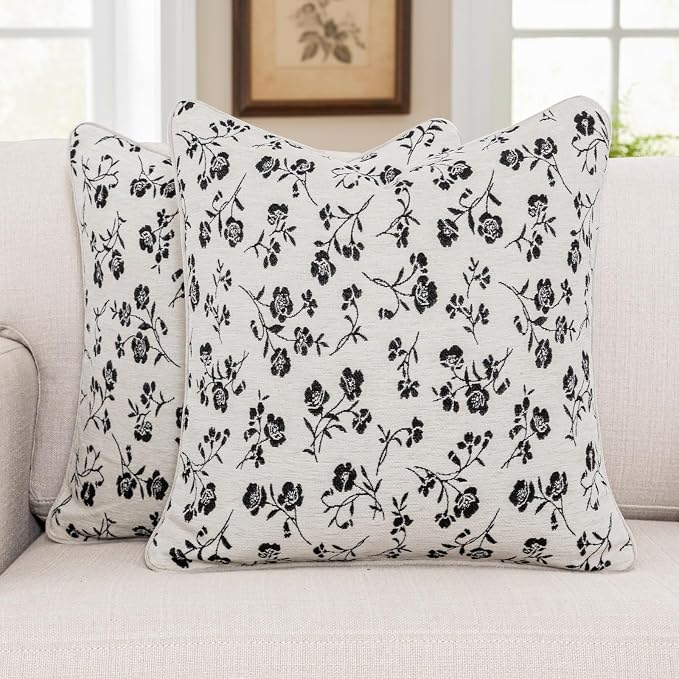 18x18 Chenille Jacquard Throw Pillow Cover, Off-White Vintage Floral Cushion Case with Piped Edges, Decorative Accent for Sofa, Couch & Bed, 2 Pack by Vfuty