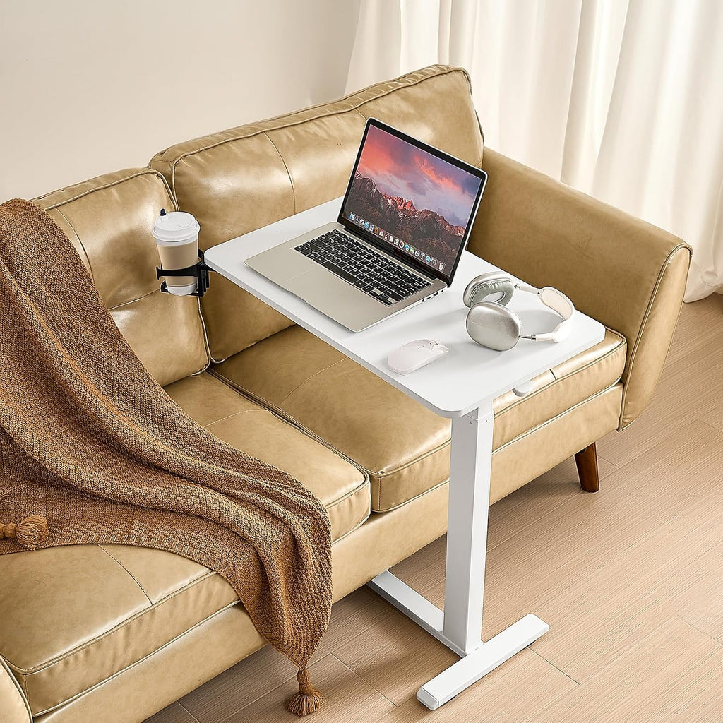 VEVOR Overbed Table, Mobile Bed Side Table with 4 Hidden Wheels, Height Adjustable Rolling Laptop Desk with Cup Holder, Portable Particleboard Over Bed Desk for Home, Office, Study, White - Image 2