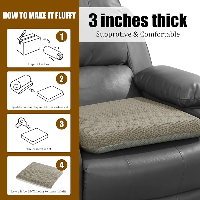 HOMBYS Tufted Furry Recliner Seat Cushion for Elderly Foam Curved Edge Large Square Seat Cushion for Recliner Chair, Floor Pillow, Office Chair, Car, No Pressure on Thighs(Coffee) - Image 4
