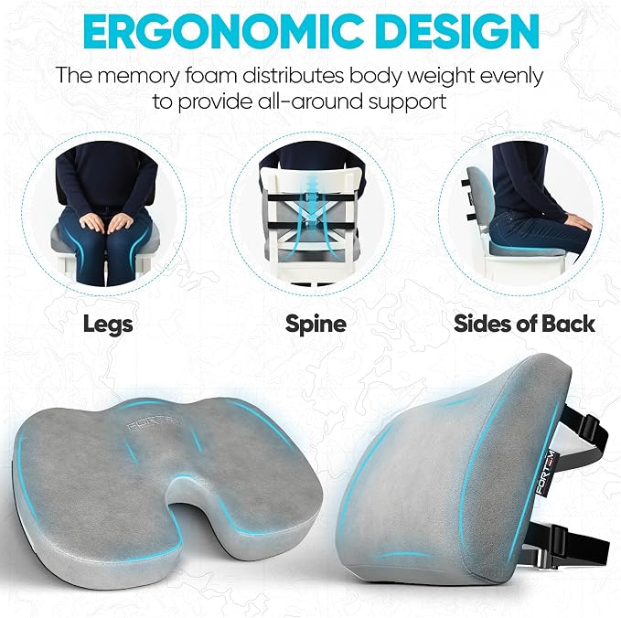 FORTEM Seat Cushion & Lumbar Support for Office Chair, Wheelchair, Car | Memory Foam | Ergonomic Design | Washable Cover | Non Slip | Grey - Image 6