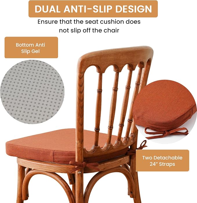 Battilo Chair Cushions for Dining Chairs with Ties, Outdoor Waterproof Kitchen Chair Pad with Non-Slip Backing, Seat Cushions with Machine Washable Removable Cover, 16"x16"x2", Set of 2, Caramel - Image 5