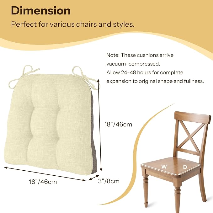 Chair Cushions for Dining Chairs Set of 2, 18"x18"x3", Beige | Non-Slip with Ties, Tufted, Faux Linen, Seat Cushions for Dining Room Kitchen Breakfast Nook Indoor Home Office Living Room - Image 2