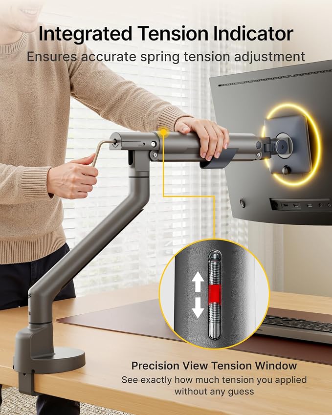 monTEK USB Monitor Arm for 17-40" Screens, 26.4 lbs, Gray | USB ports, mechanical spring, tension indicator, full motion, VESA 75/100, clamp/grommet bases and cable routing - Image 3