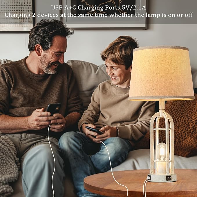 SRJJA Farmhouse Table Lamps for Living Room Set of 2 - Rustic Industrial Bedside Lamps for Bedroom Nightstand with Nightlight and USB A+C, 4 Bulbs Included - Image 3