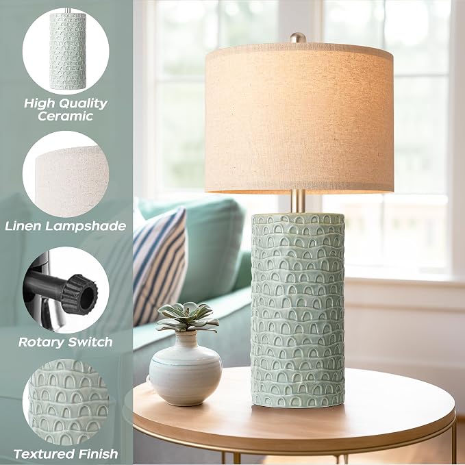 23" Modern Ceramic Table Lamp Set of 2, Table Lamps for Living Room, Rustic Farmhouse Bedside Lamps Nightstand lamp for Bedroom, Desk Lamp for End Table Home Decor Light Green - Image 4