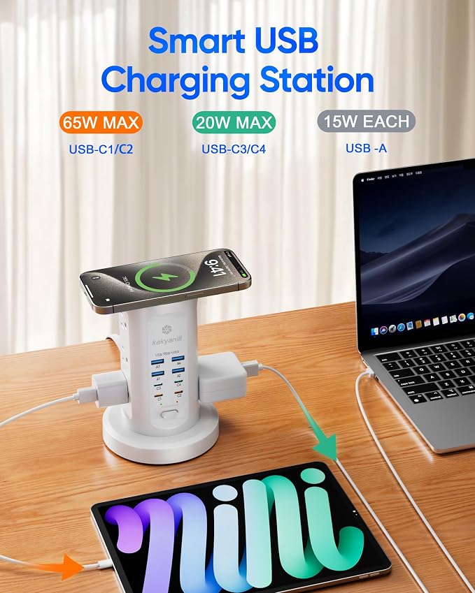 Power Strip Tower, kakyanill PD 65W Charging Station 9 AC Outlets 8 USB | 6 Ft Retractable Extension Cord, 15W Wireless Charger, White - Image 5