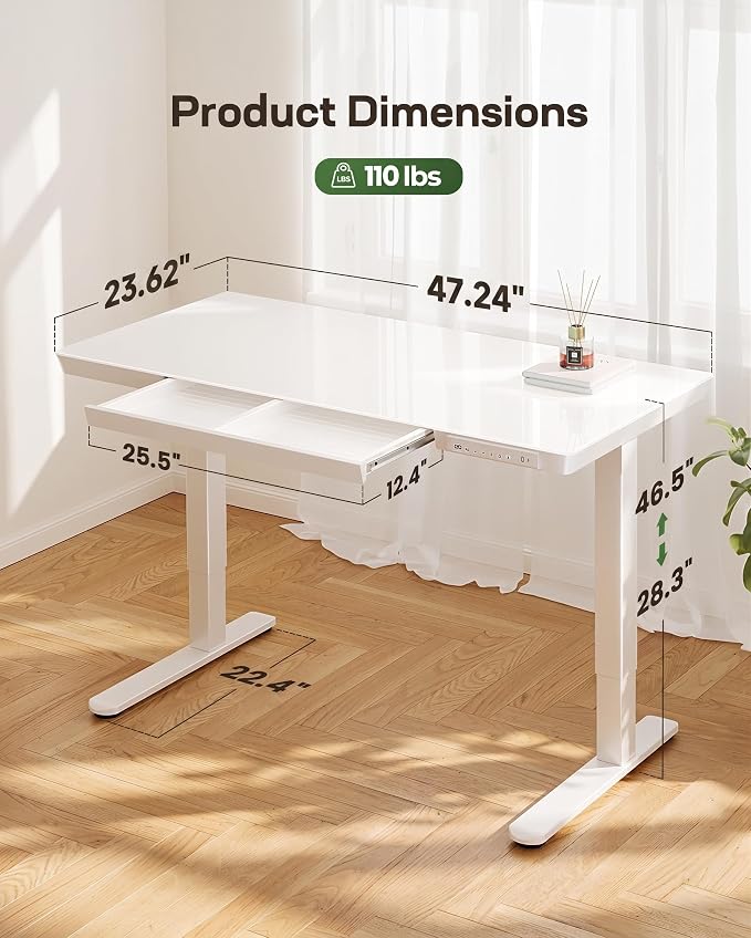 Marsail 47.24 inch Glass Standing Desk with 2-Zone Drawer Storage, White | Storage drawer, one-piece tabletop, two USB charging ports, sit stand design, 28.3–46.5 inch height range, home office use - Image 3