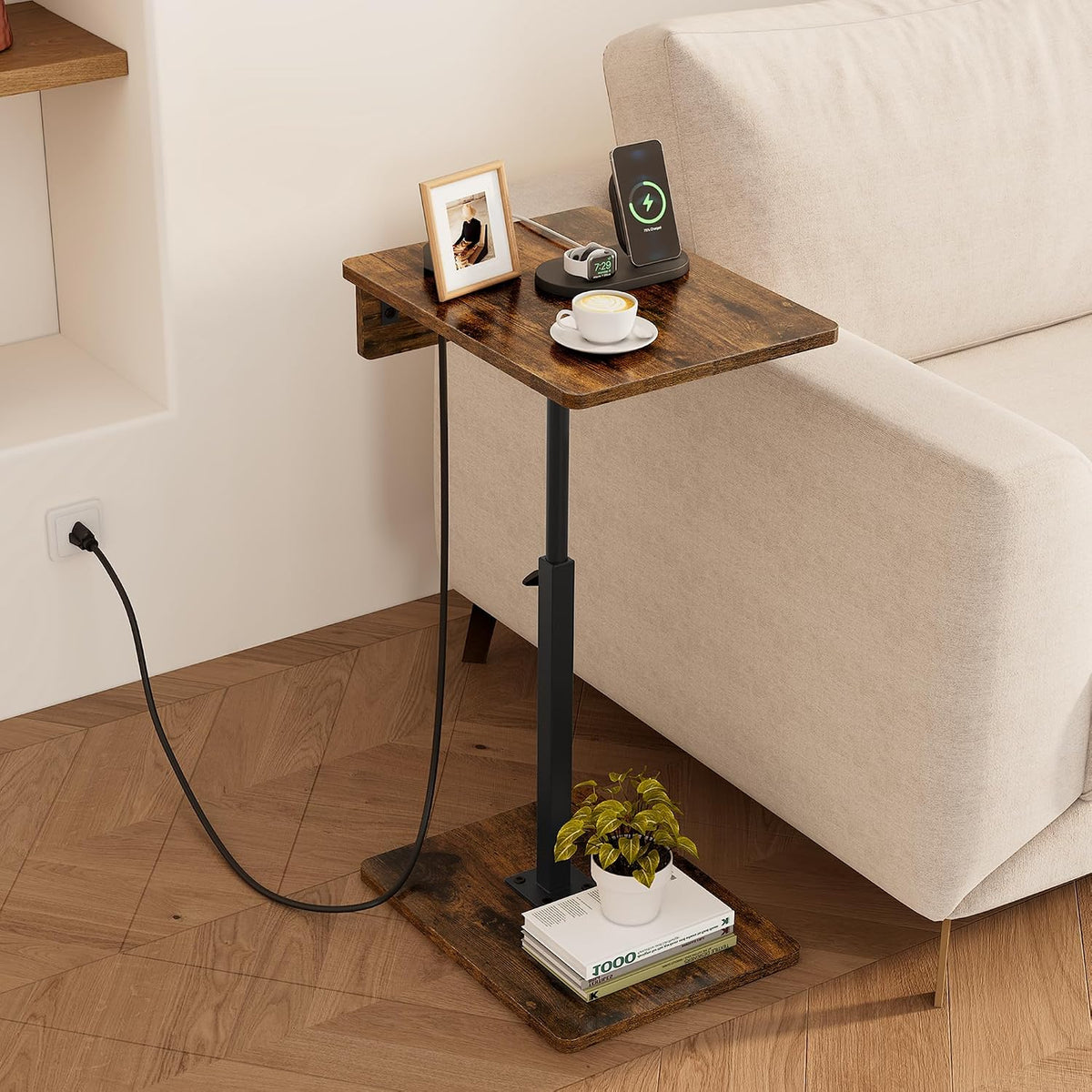 C Shaped End Table with Charging Station, Adjustable Height C Table End Table, 360°Swivel TV Tray Table for Small Spaces, Rounded Corners Couch Table, Side Tables Living Room for Sofa,Chair,Snack,Bed - Image 2