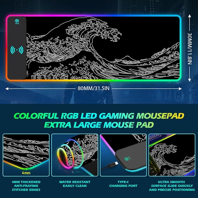 ToLuLu RGB Wireless Charging Gaming Mouse Pad, 7.5/10/15W 10 Light Modes LED Mouse Pad Computer Keyboard Mat Mousepad, 800x300x4MM Extended Large Desk Pad Mat, Japanese Kanagawa Sea Wave Black White - Image 7