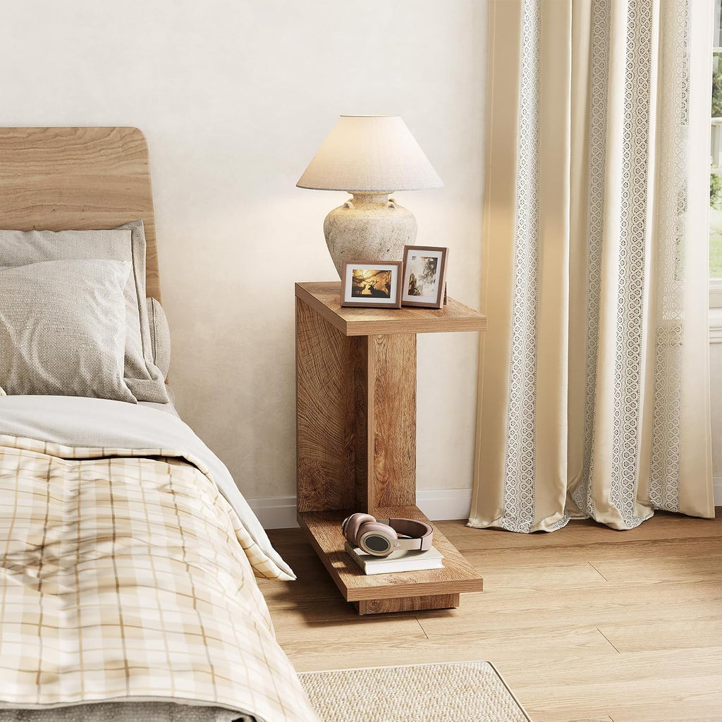 LITTLE TREE C-Shaped Side Table, Narrow 2-Tier End Table for Living Room, Couch, Bedroom, Bedside, Nightstand, Brown - Image 4