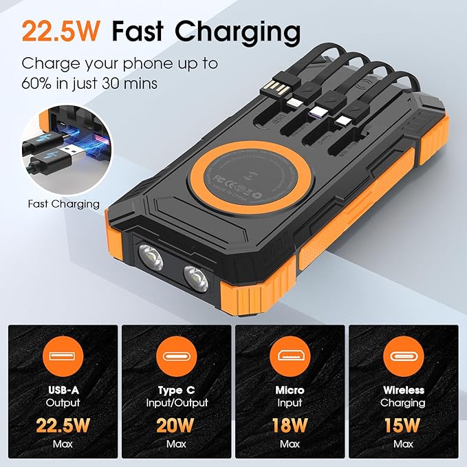Solar Power Bank,49800mAh Wireless Portable Phone Charger with Built-in 4 Cables,22.5W Fast Charging External Battery Pack PD 3.0 USB-C In/Output for iPhone,iPad,Android,Perfect for Camping, Hiking - Image 2