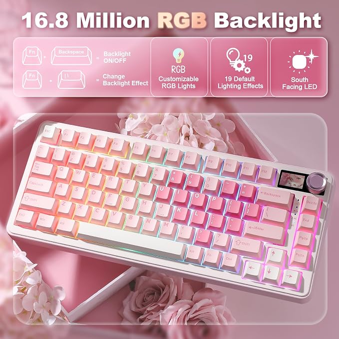 YUNZII B75 PRO MAX 75% Mechanical Keyboard (Pink,Candy Switch) | QMK/VIA, Wireless Keyboard with Screen and Knob, Custom Hot Swap, Gasket Mount, Creamy Switches, RGB for Gaming/Win/Mac - Image 7