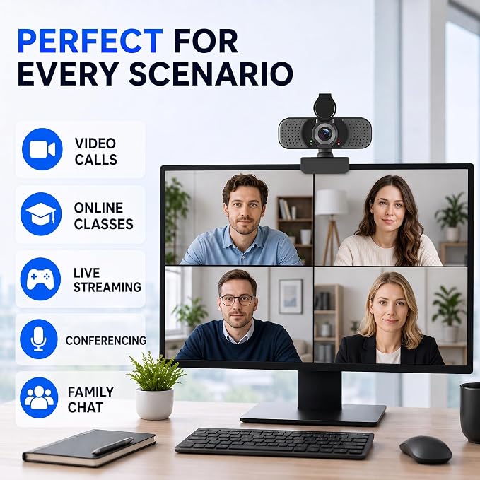 1080P Webcam with Microphone, USB Camera for PC and Laptop, Privacy Cover | For meetings, remote work, classes, streaming, and video calls; includes 105° wide view, privacy cover, and mini tripod - Image 8