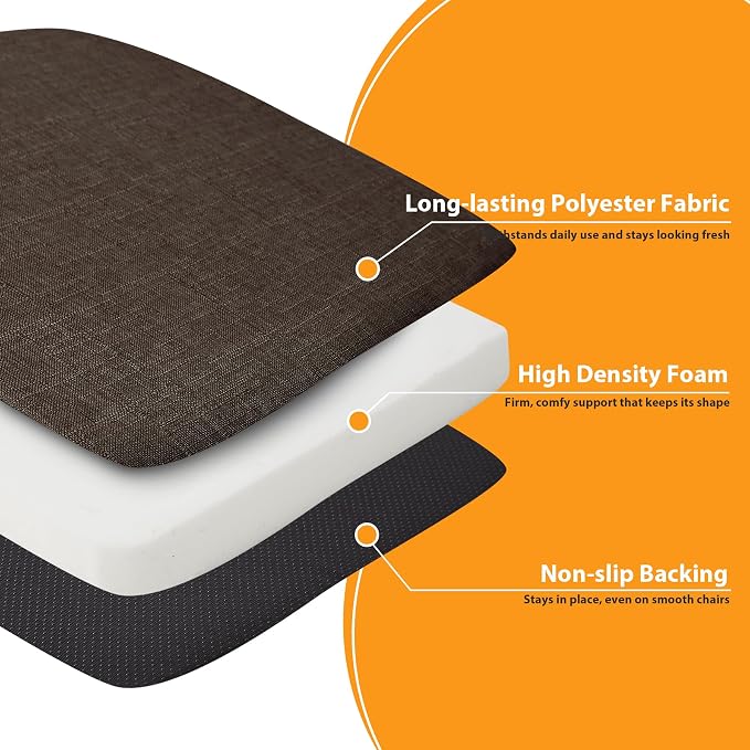 Ruqmuis Chair Cushions for Dining Chairs, 2" Thick Seat Cushions for Kitchen Chairs, D-Shaped Chair Pads with Washable Cover, Ties and Non Slip Backing, 17'' x 16'', Set of 6, Brown - Image 4