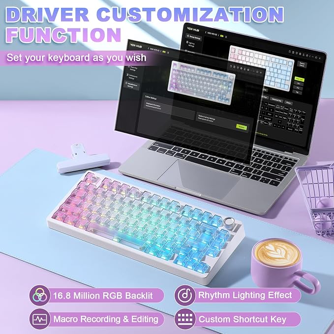 N75 V2 Wireless Gaming Keyboard,2.4GHz/BT/Wired Mechanical Keyboard | 75% Keyboard with Knob, Tri-Mode Bluetooth Keyboard, Gasket Hot Swappable Creamy Keyboard for Win & Mac (Pink-Blue Gradient) - Image 8