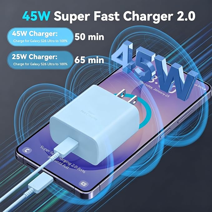 45W Super Fast Charger USB C Android Phone Type C Charger Fast Charging Block with 10FT Cord for Samsung Galaxy S26/S26 Ultra/S26+/S25 Ultra/S25/S24 Ultra/S24/S23 Ultra/S22/S21/S20/Note 10, Blue - Image 2
