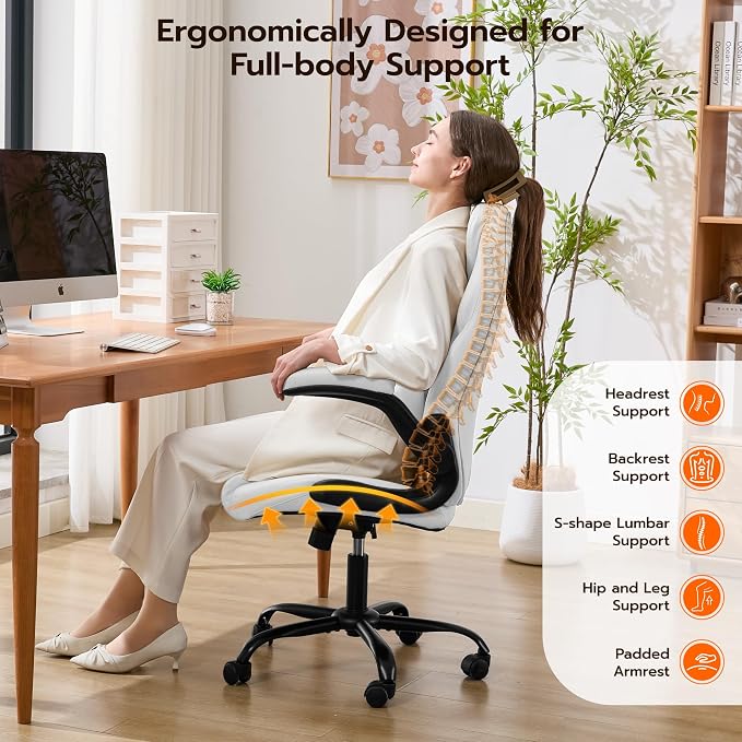 Ylzyxal Office Desk Chair, Ergonomic Computer Chair with Padded Flip-Up Arms and Adjustable Lumbar Support, PU Leather Executive Chair with Tilt Lock and 360° Swivel Rolling Wheels for Work, Study - Image 5