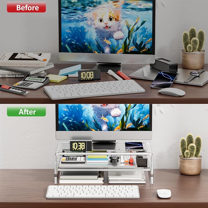 Egchi Clear Acrylic Monitor Stand Riser 2 Tier, 5.12 Inches High Clear Computer Desk Organizer Shelf for Multi Media PC Storage Laptop | Clear, Desk Shelf, for Multi Media PC Storage, Laptop Stand - Image 4