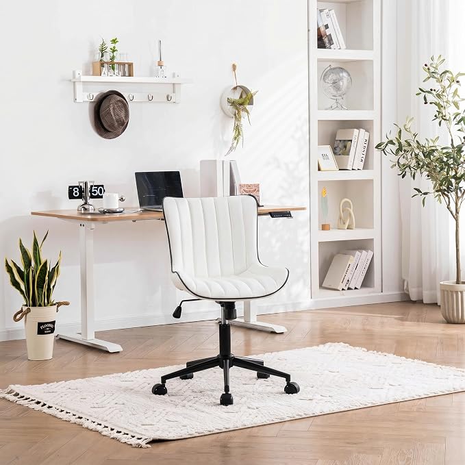 YOUNIKE Office Desk Chair with Wheels Armless Vanity Chair Modern White | Faux Leather Upholstered with Rocking Back, Swivel Height Adjustable Small Cute Computer Rolling Task Chair Ergonomic 300lb - Image 8