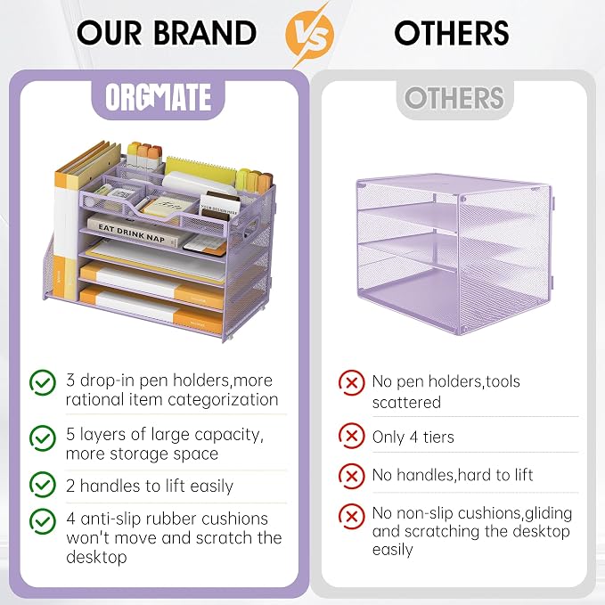 5 Tier Paper Letter Tray Desk Organizer with Pen Holders - Purple | Features 3 pen holders and 4 removable dividers.Versatile mesh desktop storage for mail, document,office supplie - Image 3