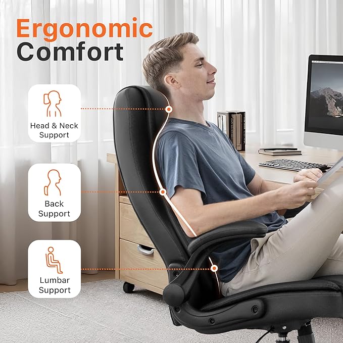 NEO CHAIR Office Desk Chair, High Back PU Leather with Flip-up Arms, Black | Ergonomic Tall Computer Desk Chair Comfy, Height Adjustable, Swivel Rolling Wheels for Office Home Gaming Study - Image 4