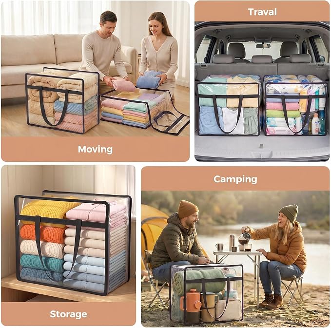 4 Pack Clear Storage Bags for Clothes, 45L Closet Organizers and Storage | Plastic storage with zipper and handle, moving bags, under-bed storage, closet organizer for blankets, comforters, toys - Image 6