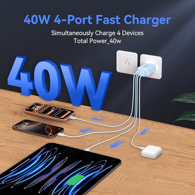 USB C Wall Fast Charger Block, 40W 4-Port Type C Chargers Fast Charging Blocks PD Power Charger Adapter+QC 3.0 USB Multiport Charger Brick for Phone 17/16/15/14/13/12 Pro Max, i-Pad, Galaxy S25-2Pack - Image 3