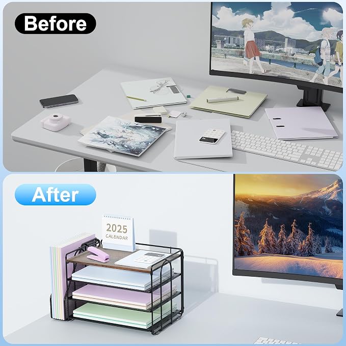 Spacrea 4 Tier Paper Organizer for Desk with File Organizer | Desk Organizers and Accessories Desk Accessories & Workspace Organizers for Office Supplies (Wood) - Image 2