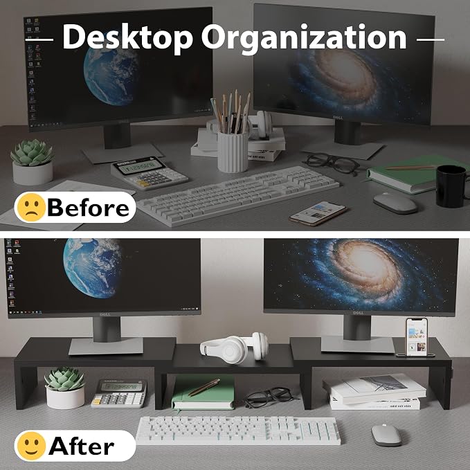 BONTEC Dual Monitor Stand Riser, Adjustable Length & Swivel Angle, Black | Ergonomic Wooden Desktop Organizer with Smartphone Holder, Computer Monitor Stand for PC, Laptop, Printer and Large Storage - Image 2