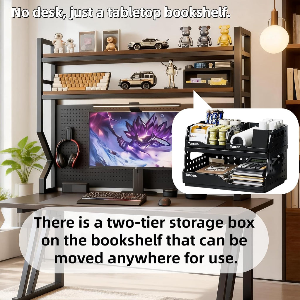 Desktop Hutch Bookshelf,Many Gifts,Metal Desktop Bookcase with pegboard, Desk Shelf Brown, Countertop Storage Organizer Rack for Dorm or Office,Desktop Shelves (Walnut+Black, 45.3" Lx9.9 Wx39 H) - Image 3