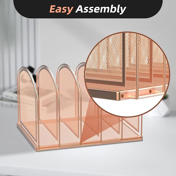5-Section File Organizer for Desk, Metal File Folder Holder, Rose Gold | 5 Vertical Compartments with Sturdy Metal Base for Office Documents Books Magazines and Laptop - Image 4