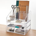 STORi Stackable Desk and Drawer Organizer, Clear Pen Pencil Makeup Brush Holder for Desktops and Vanities, 6 Compartment Caddy with 2 Wide Drawers (Made in USA) by STORi