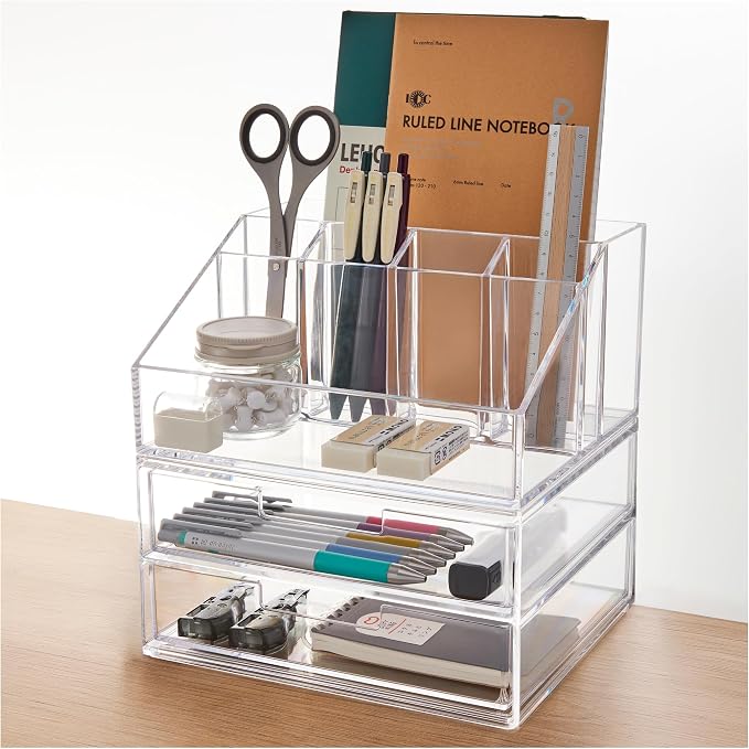 STORi Stackable Desk and Drawer Organizer, Clear Pen Pencil Makeup Brush Holder for Desktops and Vanities, 6 Compartment Caddy with 2 Wide Drawers (Made in USA) by STORi