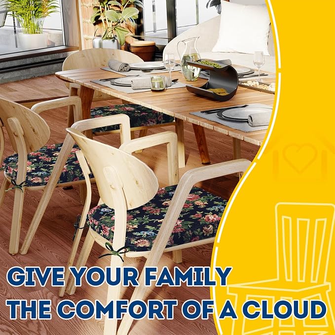 AAAAAcessories D-Shaped Chair Cushions, 2" Thick Dining Chair Pads with Ties and Removable, Machine-Washable Cover, 17" x 16", Set of 2, Night-Blooming Blossoms - Image 6